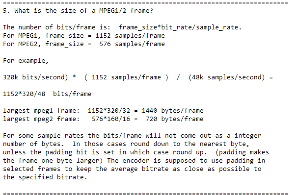 MPEG frame size description